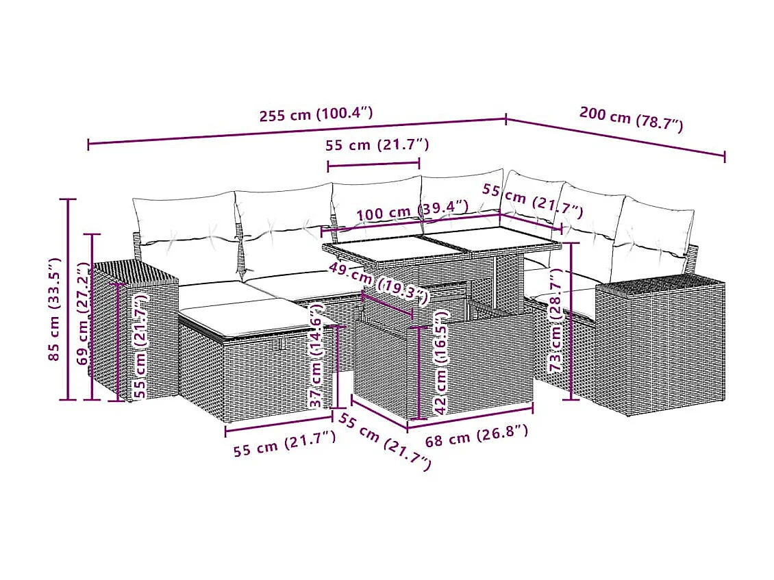 8-tlg. Garten-Sofagarnitur mit Kissen Braun Poly Rattan