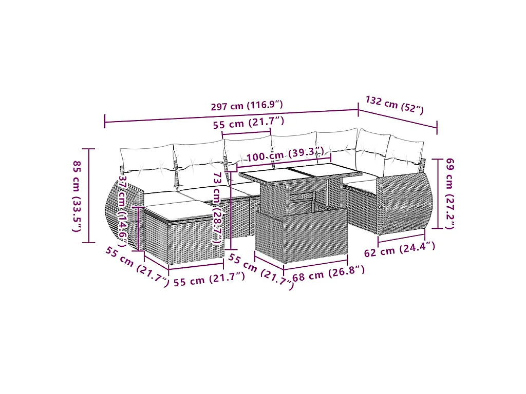 8-delige Loungeset met kussens poly rattan bruin