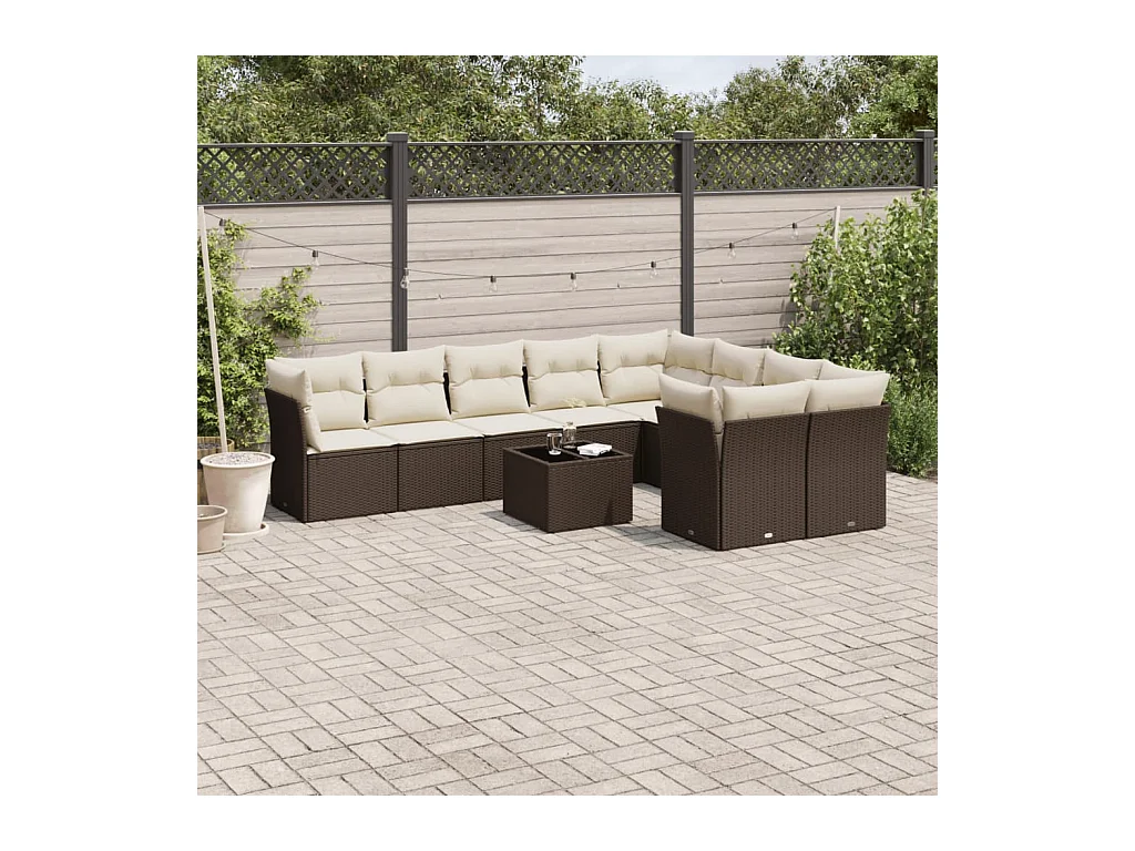 Salon de jardin 10 pcs avec coussins marron résine tressée