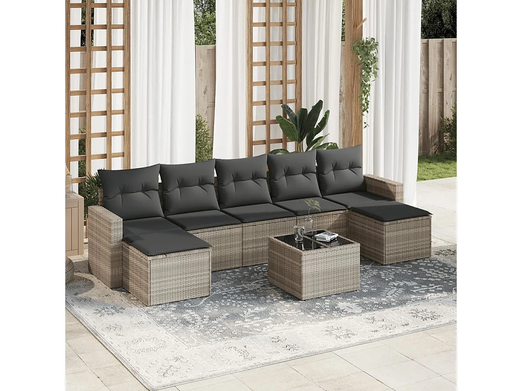 Salon de jardin 8 pcs avec coussins gris clair résine tressée