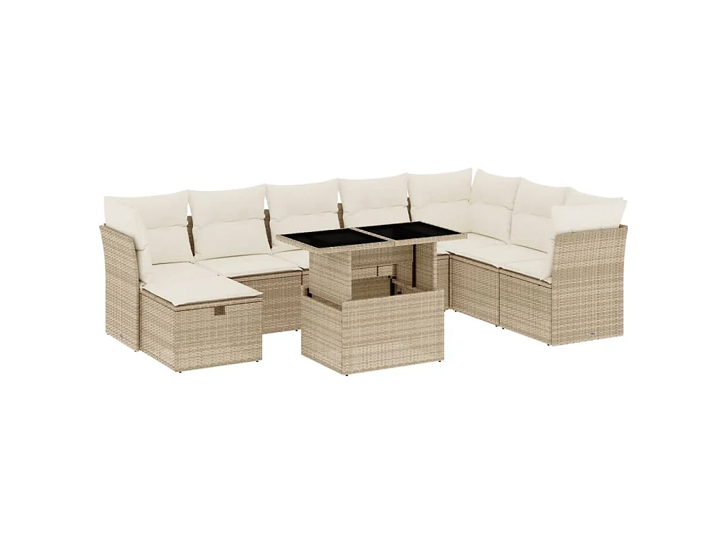 Salon de jardin avec coussins 9 pcs beige résine tressée