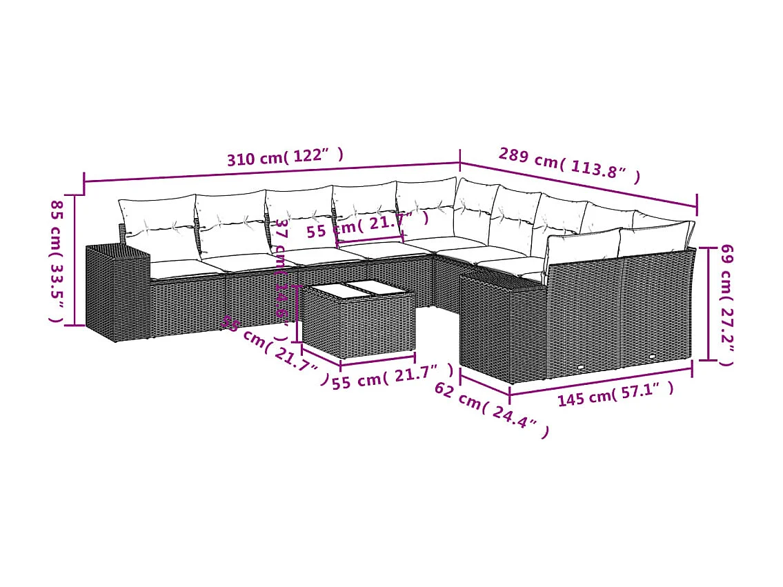 11-delige Loungeset met kussens poly rattan bruin