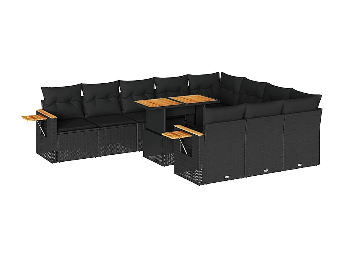11-tlg. Garten-Sofagarnitur mit Kissen Schwarz Poly Rattan