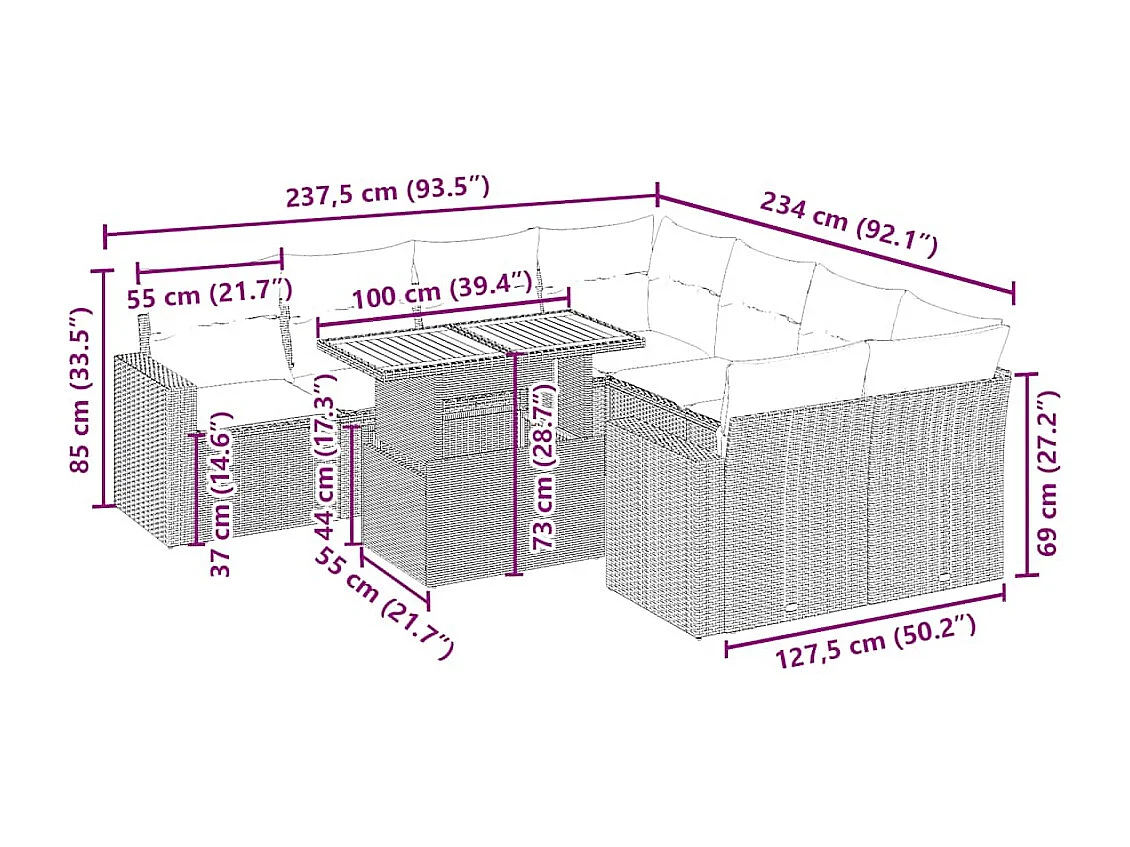 Salon de jardin avec coussins 9 pcs beige résine tressée