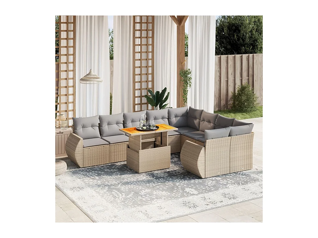 Salon de jardin avec coussins 10 pcs beige résine tressée