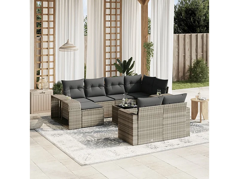 11-tlg. Garten-Sofagarnitur mit Kissen Hellgrau Poly Rattan