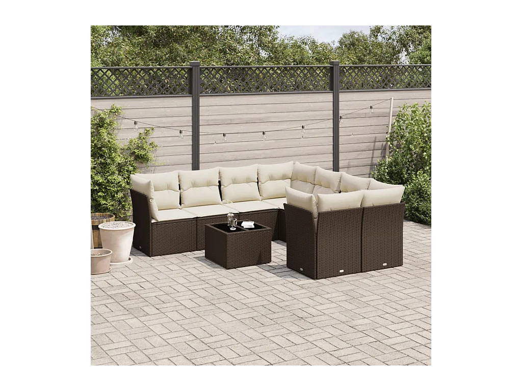 Salon de jardin avec coussins 9 pcs marron résine tressée