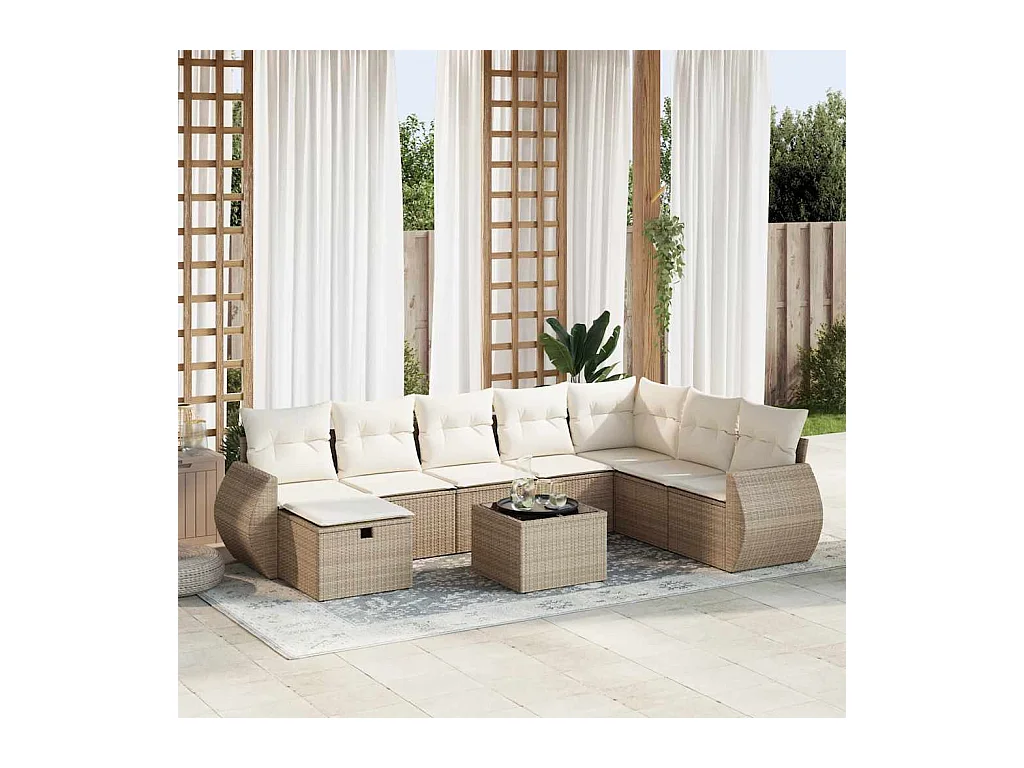 Salon de jardin avec coussins 9 pcs beige résine tressée