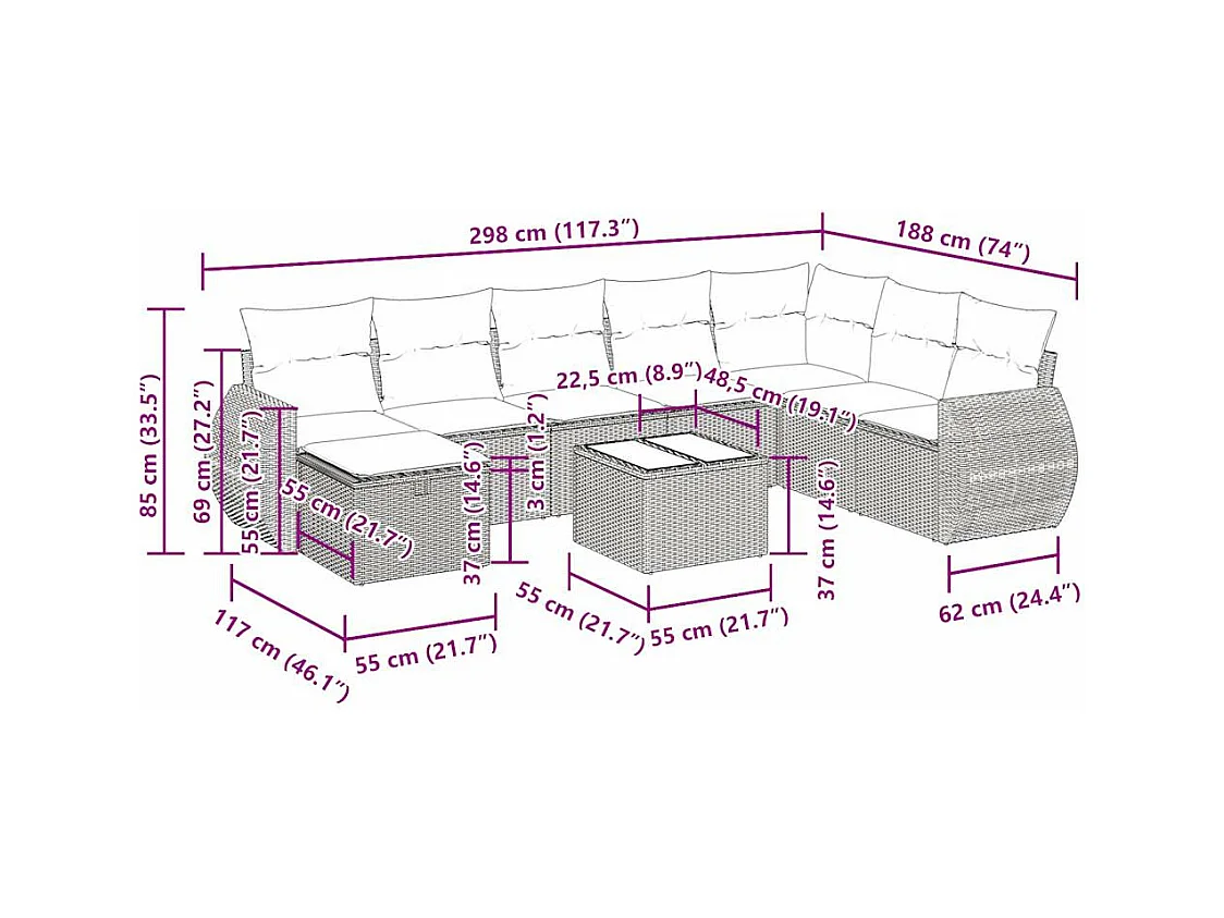 Salon de jardin avec coussins 9 pcs beige résine tressée