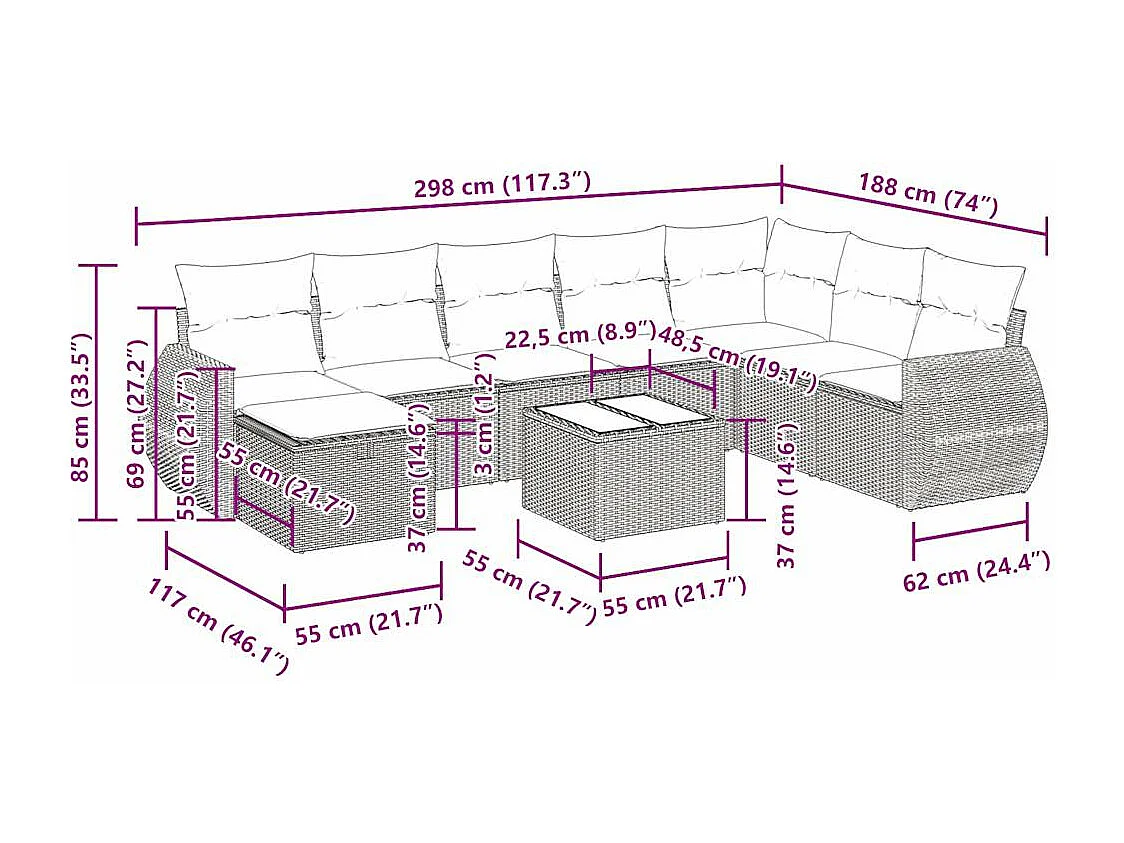 Salon de jardin avec coussins 9 pcs beige résine tressée