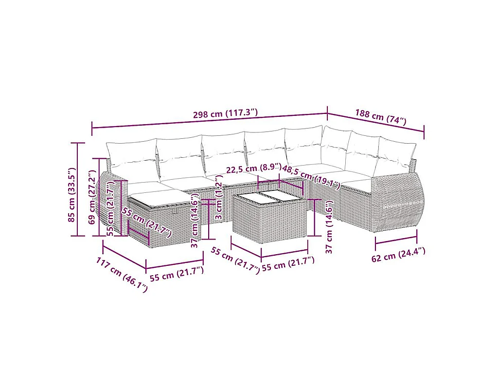 Salon de jardin avec coussins 9 pcs beige résine tressée