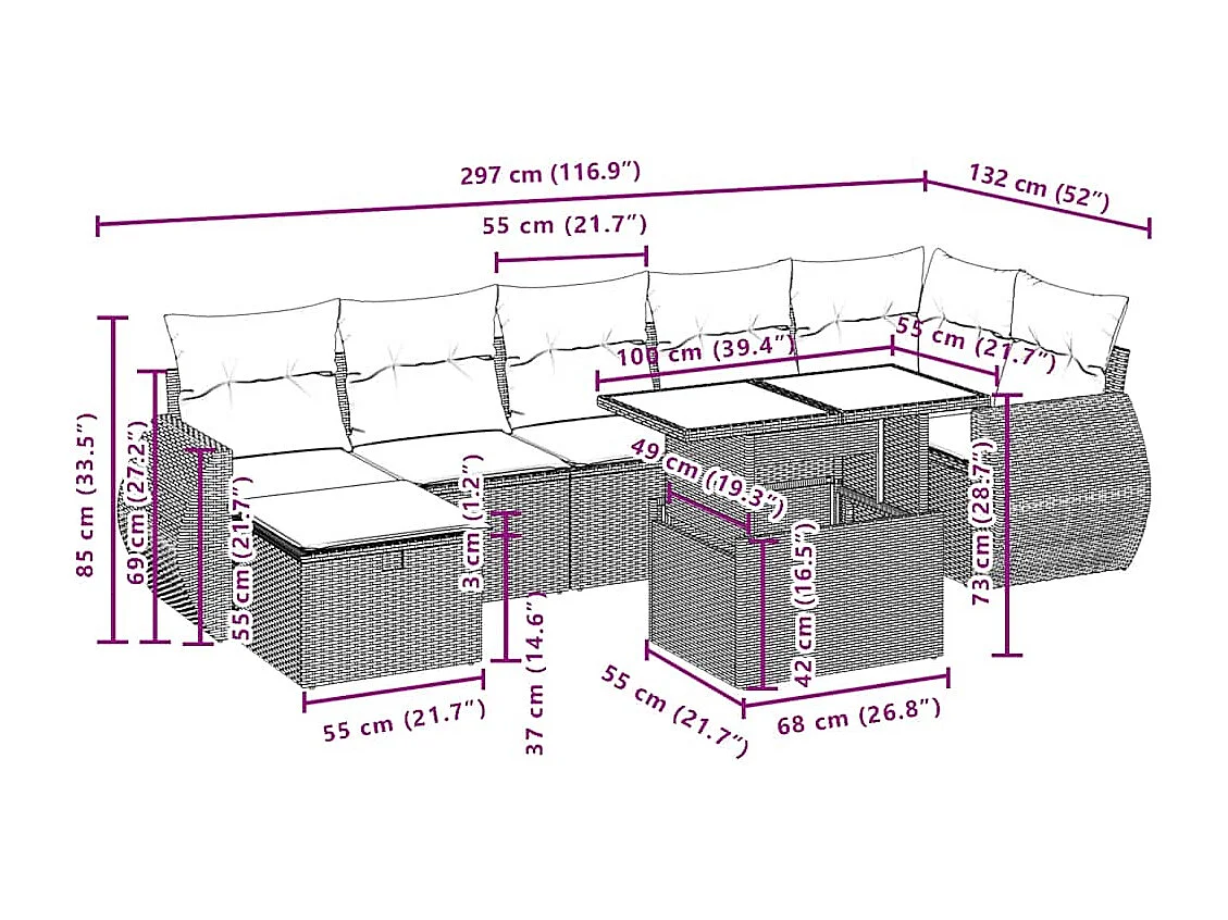 Salon de jardin 8 pcs avec coussins marron résine tressée