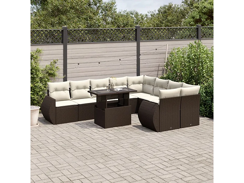 10-tlg. Garten-Sofagarnitur mit Kissen Braun Poly Rattan