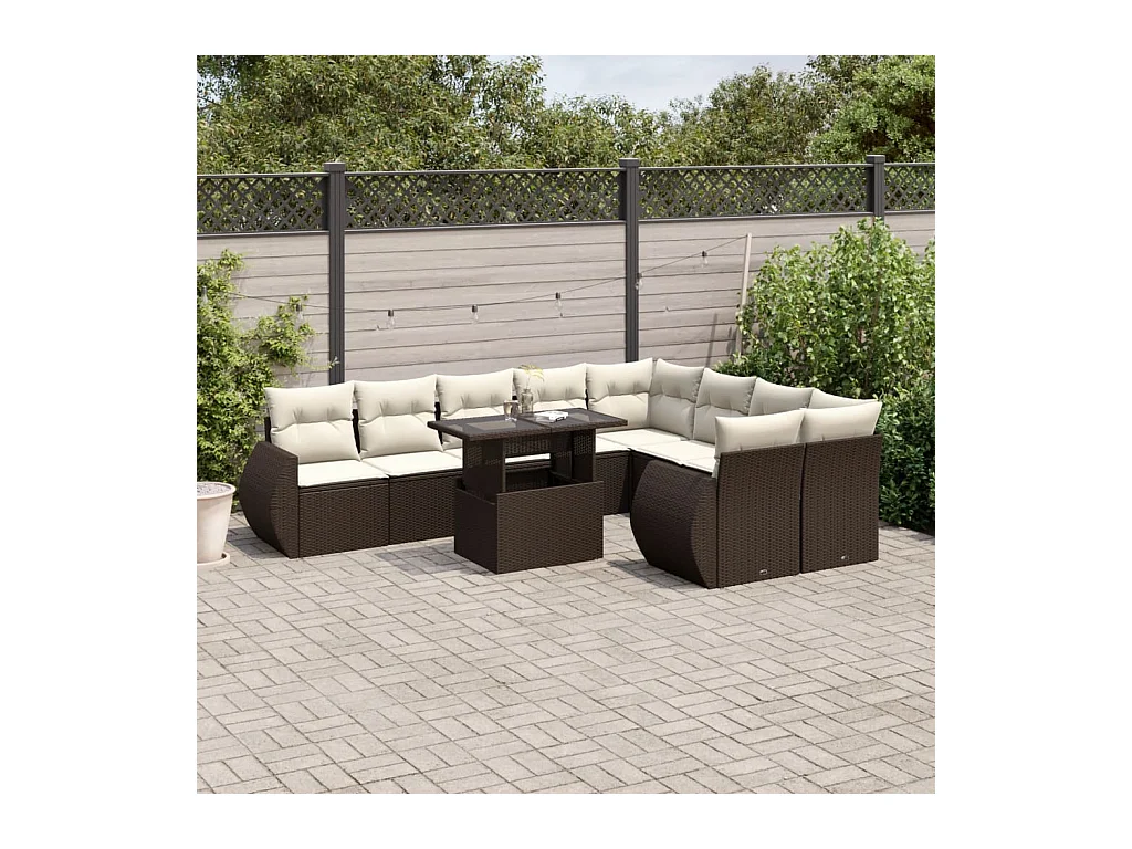 10-delige Loungeset met kussens poly rattan bruin