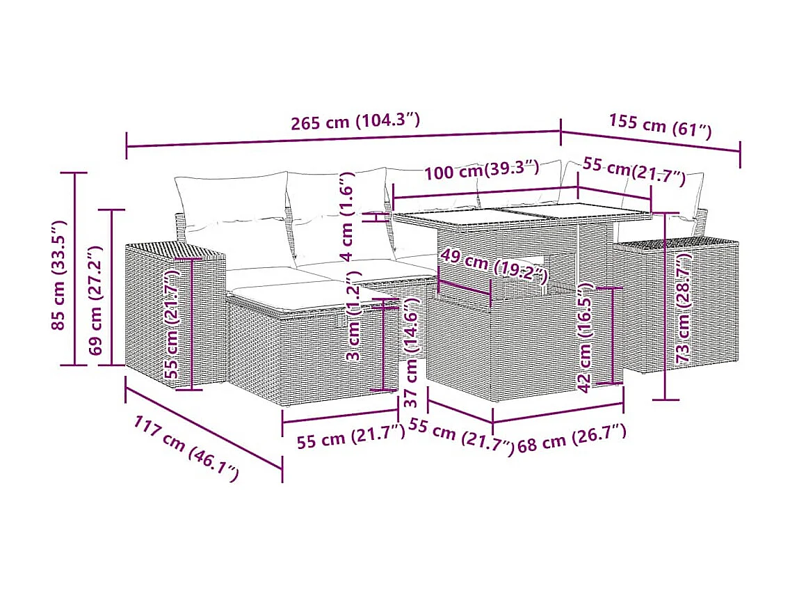 8-tlg. Garten-Sofagarnitur mit Kissen Braun Poly Rattan