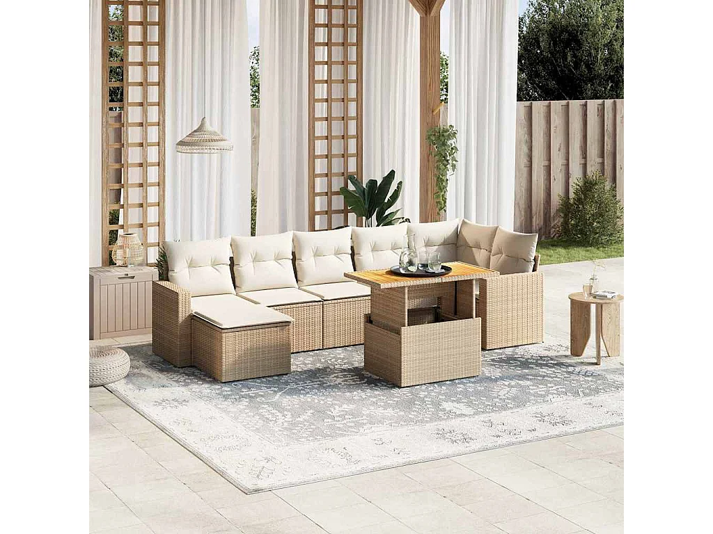 Salon de jardin avec coussins 8 pcs beige résine tressée