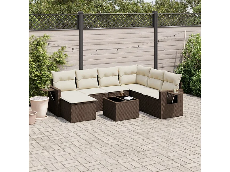 8 pcs conjunto sofás de jardim c/ almofadões vime PE castanho