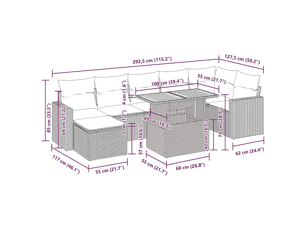 8-tlg. Garten-Sofagarnitur mit Kissen Schwarz Poly Rattan