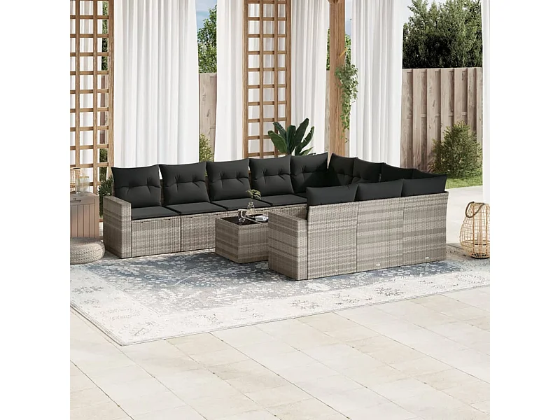 11-tlg. Garten-Sofagarnitur mit Kissen Hellgrau Poly Rattan