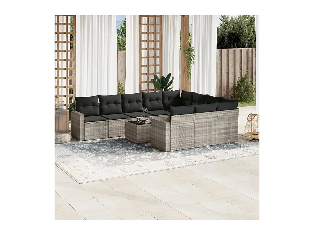 Set de sofás de jardín 11 pzas y cojines ratán sintético gris
