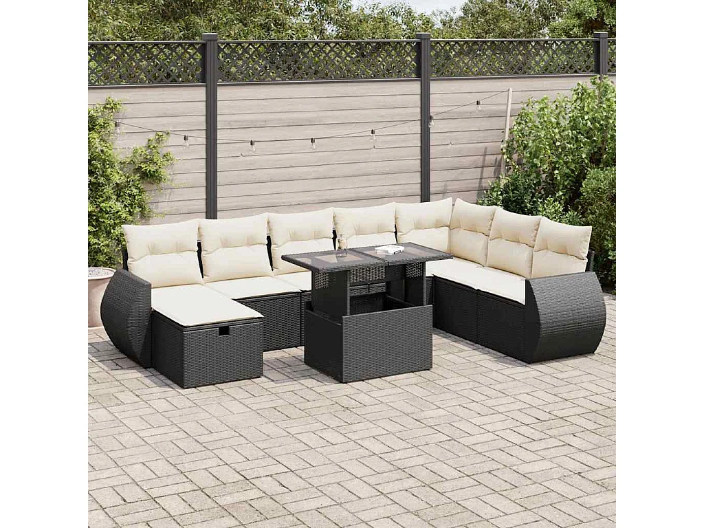 Salon de jardin 9 pcs avec coussins noir résine tressée