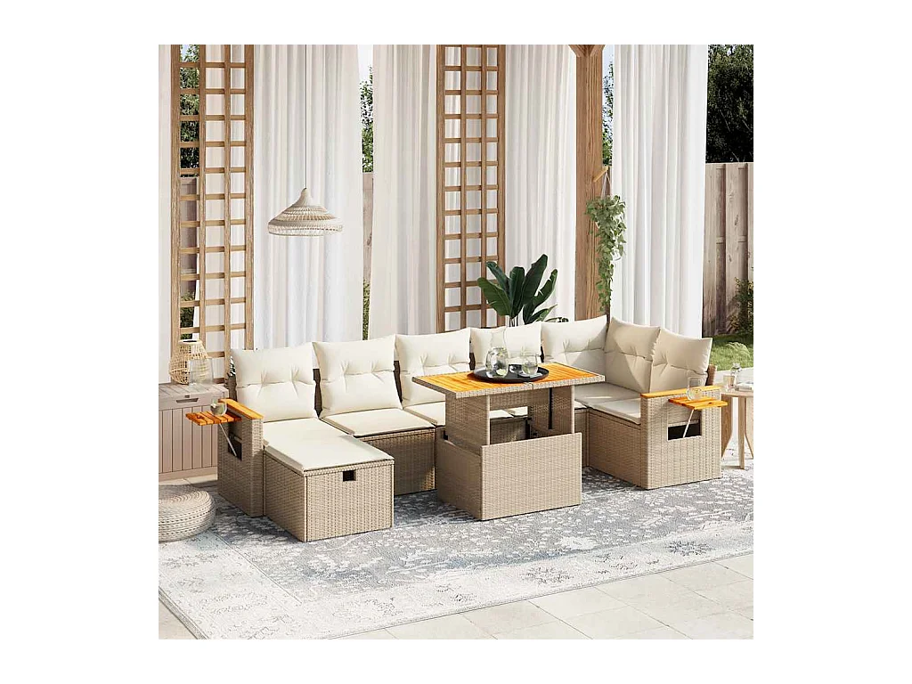 Set Divano da Giardino 8 pz con Cuscini Beige in Polyrattan