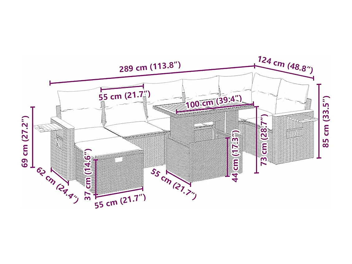 Salon de jardin avec coussins 8 pcs beige résine tressée