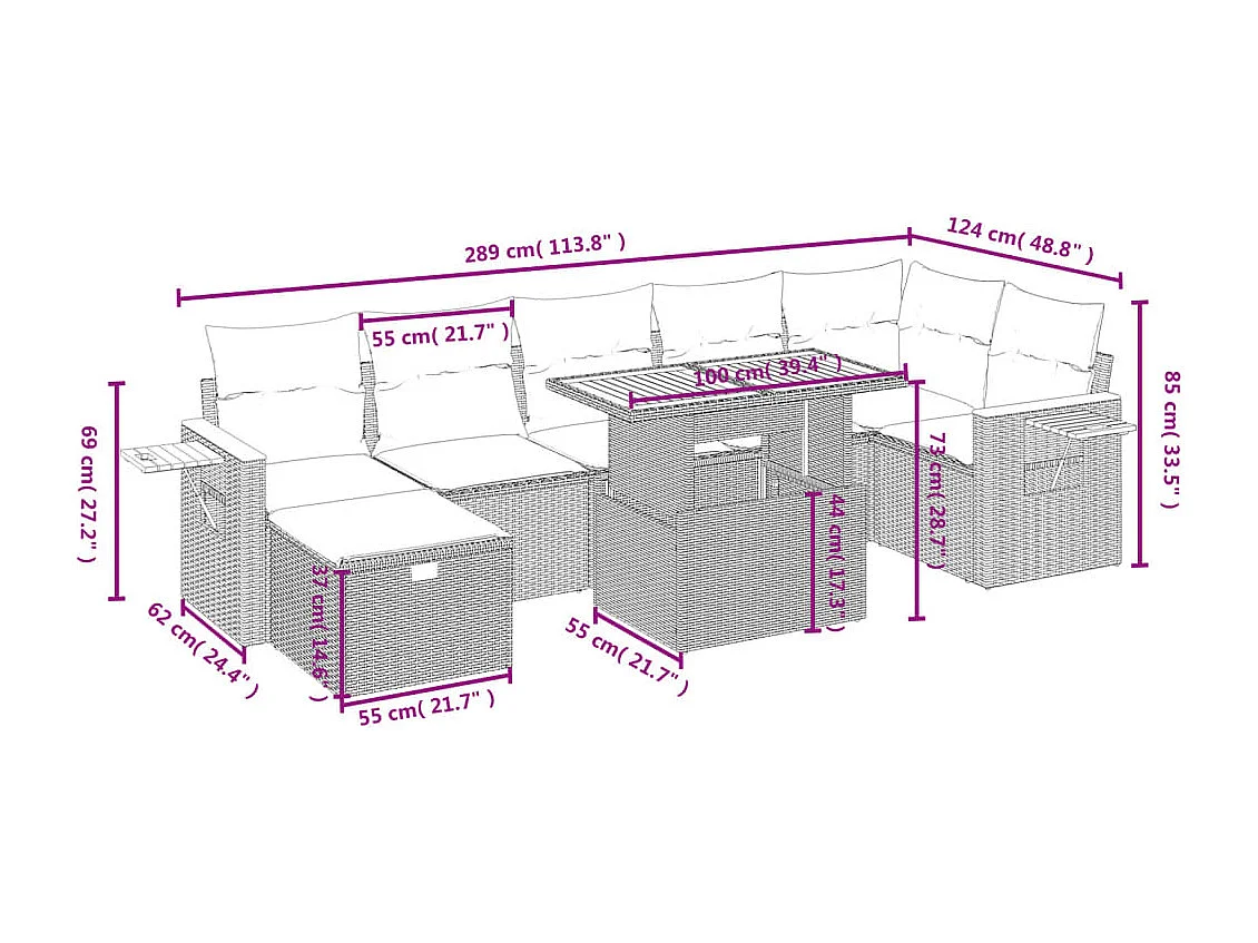 Salon de jardin avec coussins 8 pcs beige résine tressée