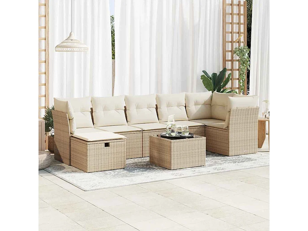 8-tlg. Garten-Sofagarnitur mit Kissen Beige Poly Rattan