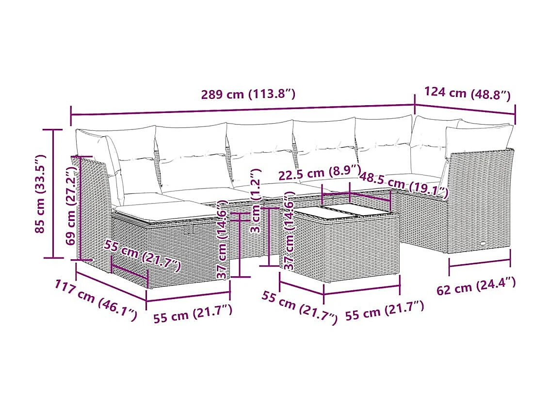 8-tlg. Garten-Sofagarnitur mit Kissen Beige Poly Rattan