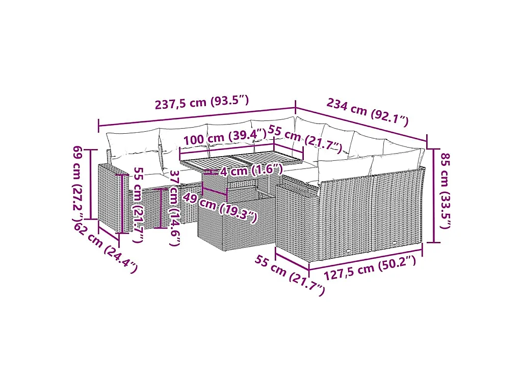 9-tlg. Garten-Sofagarnitur mit Kissen Schwarz Poly Rattan