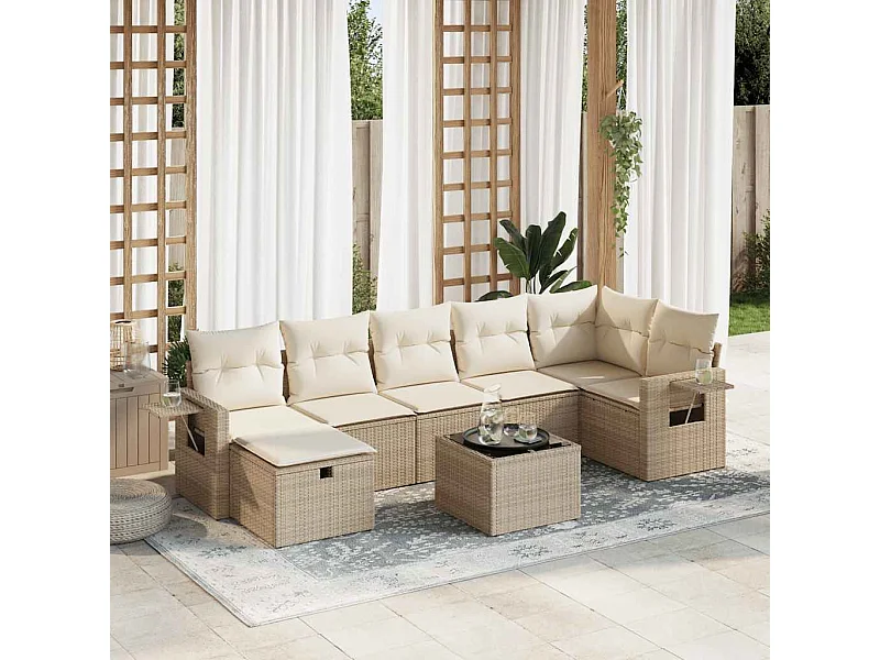 8-tlg. Garten-Sofagarnitur mit Kissen Beige Poly Rattan