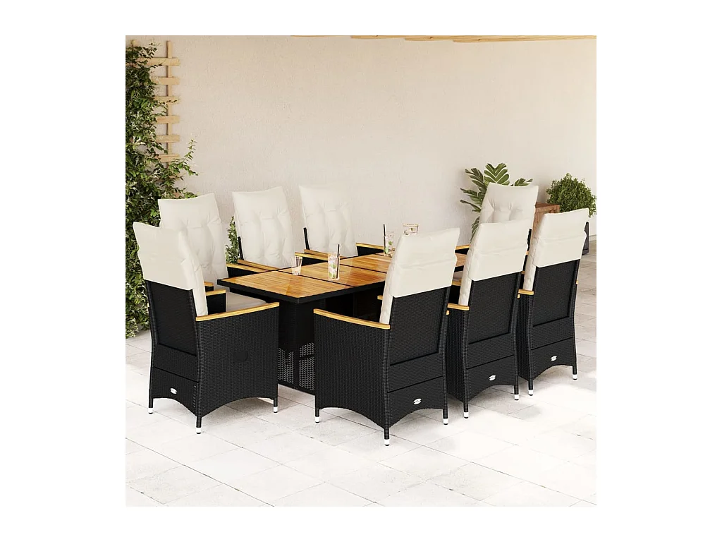 Set de mesa y sillas de jardín 9 pzas y cojines ratán PE negro