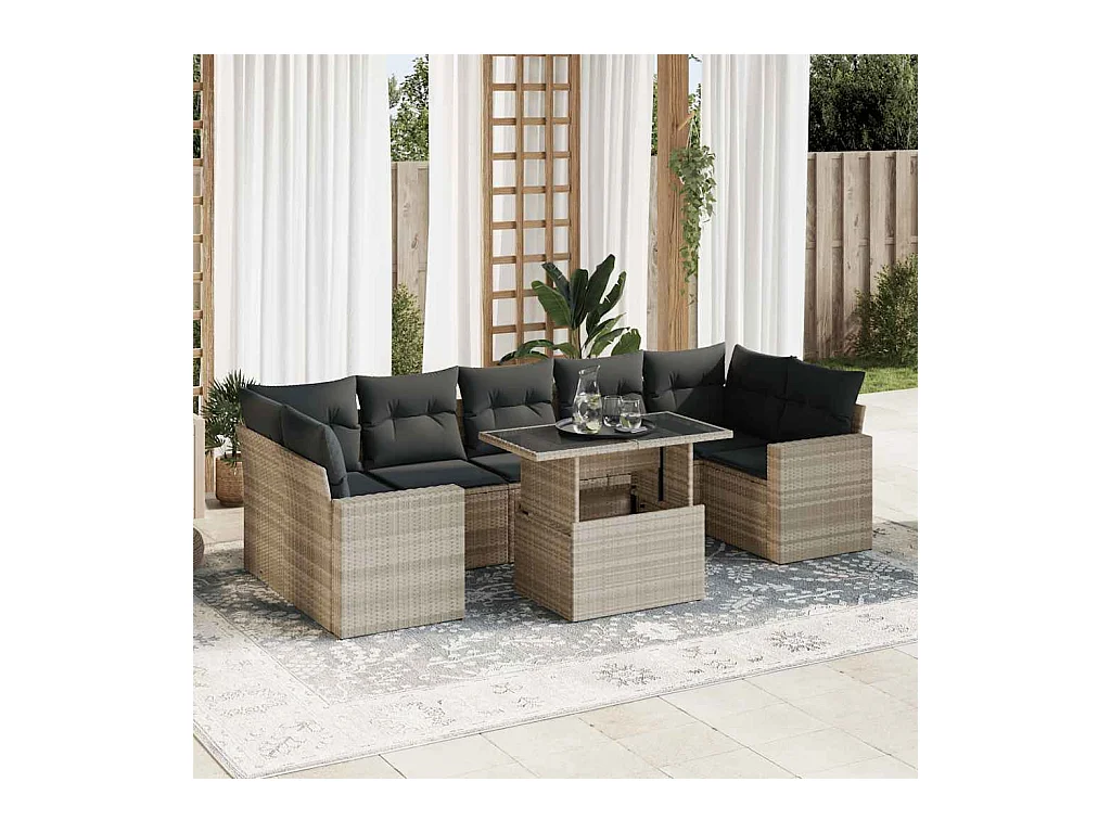 8-delige Loungeset met kussens poly rattan lichtgrijs
