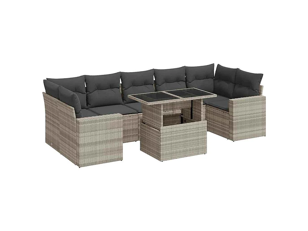 8 pcs conj. sofás jardim c/ almofadões vime PE cinzento-claro