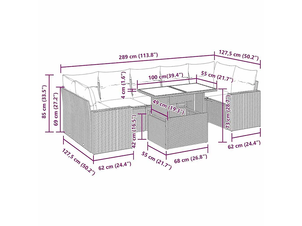 8 pcs conj. sofás jardim c/ almofadões vime PE cinzento-claro