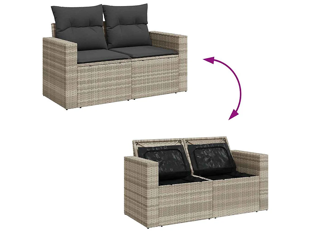 8 pcs conj. sofás jardim c/ almofadões vime PE cinzento-claro