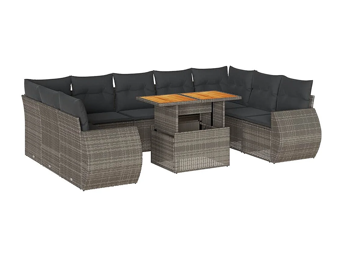 10-delige Loungeset met kussens poly rattan grijs