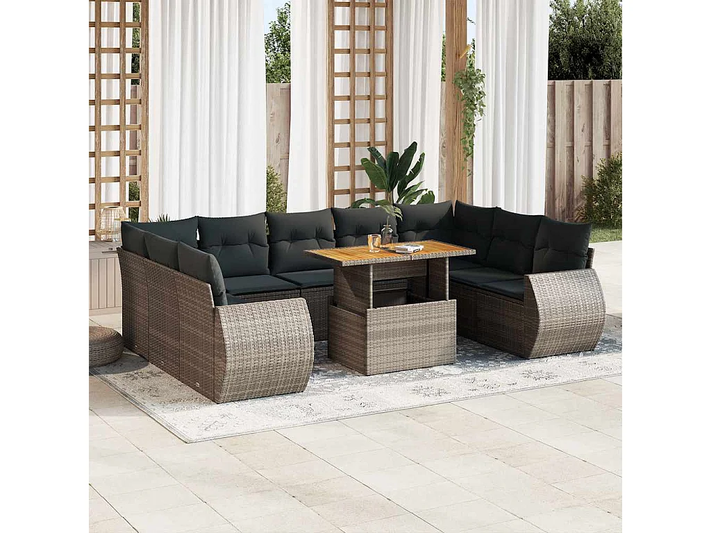 10-delige Loungeset met kussens poly rattan grijs