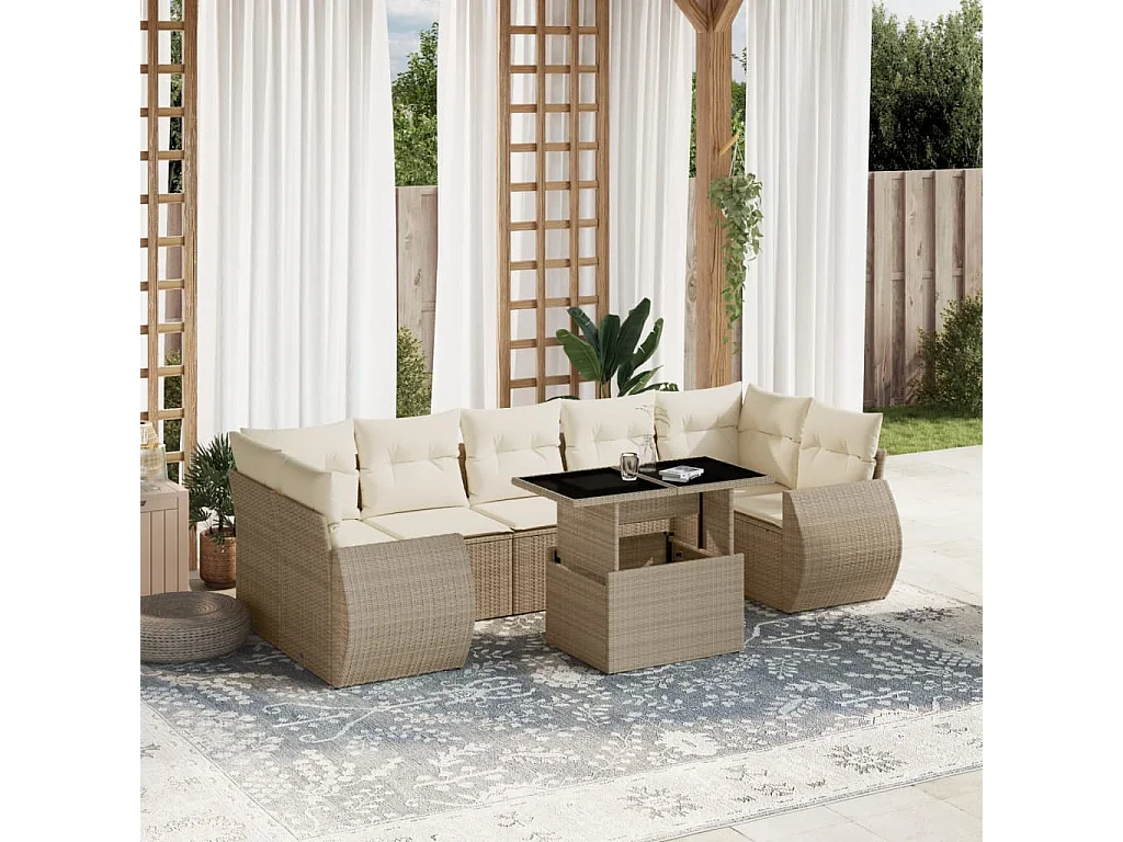 8-tlg. Garten-Sofagarnitur mit Kissen Beige Poly Rattan