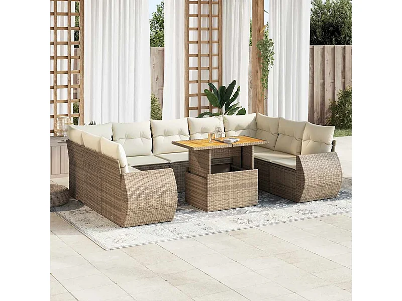 10-tlg. Garten-Sofagarnitur mit Kissen Beige Poly Rattan