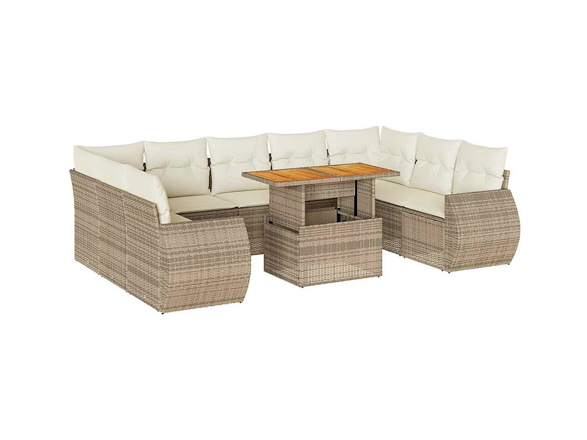 Salon de jardin avec coussins 10 pcs beige résine tressée