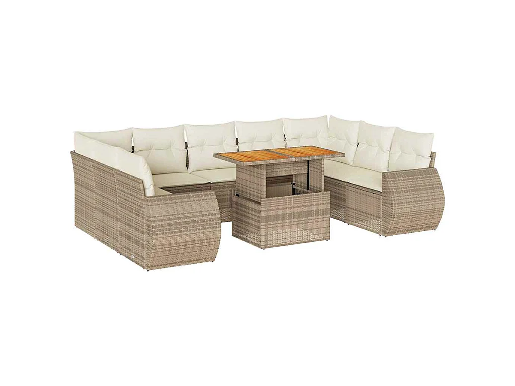 10-delige Loungeset met kussens poly rattan beige