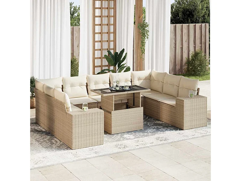 10-tlg. Garten-Sofagarnitur mit Kissen Beige Poly Rattan