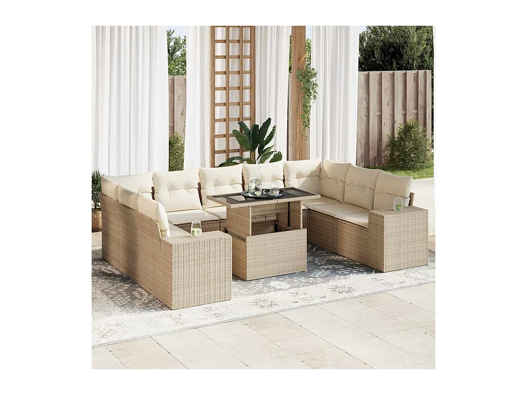 Set Divano da Giardino 10 pz con Cuscini Beige in Polyrattan