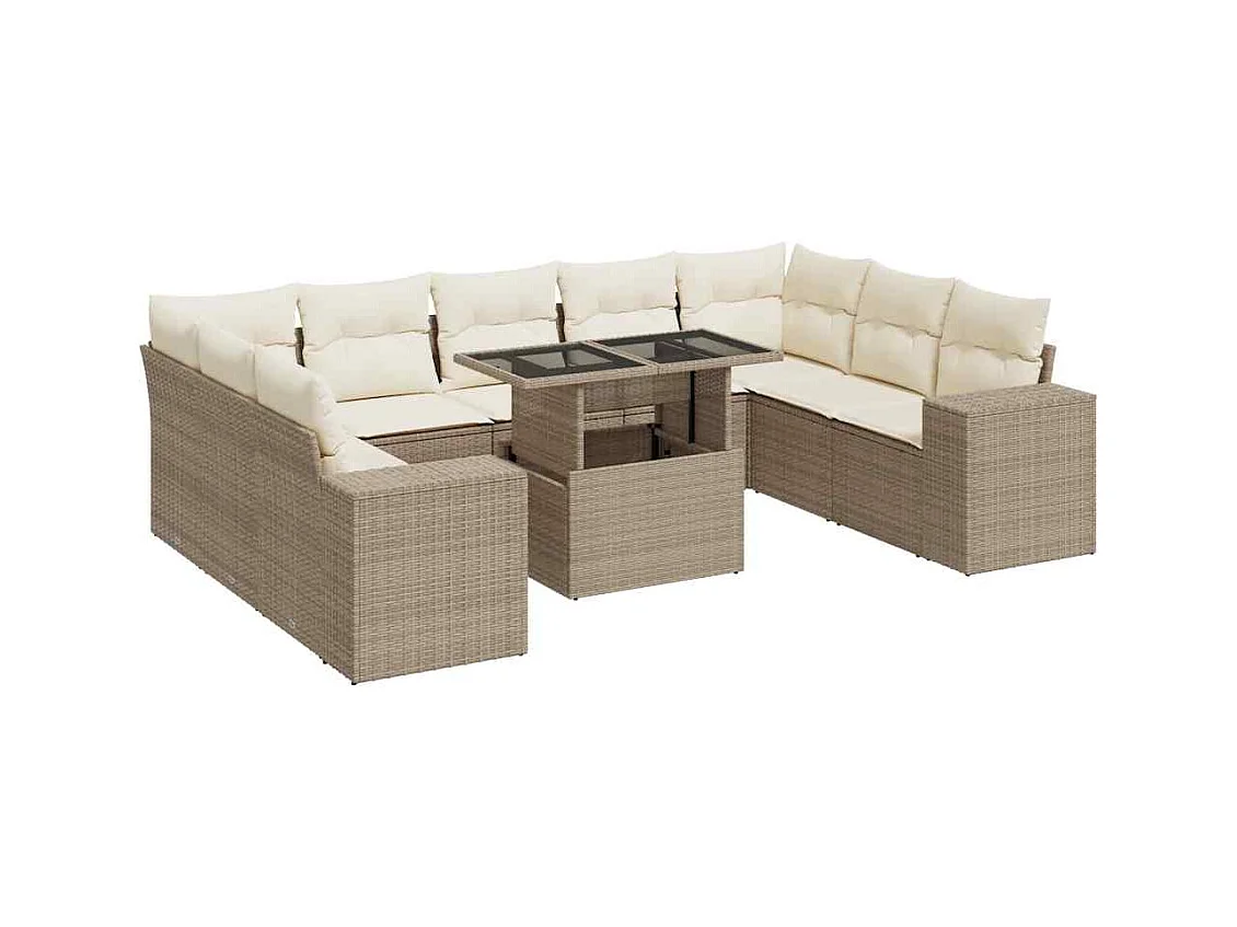 10-tlg. Garten-Sofagarnitur mit Kissen Beige Poly Rattan