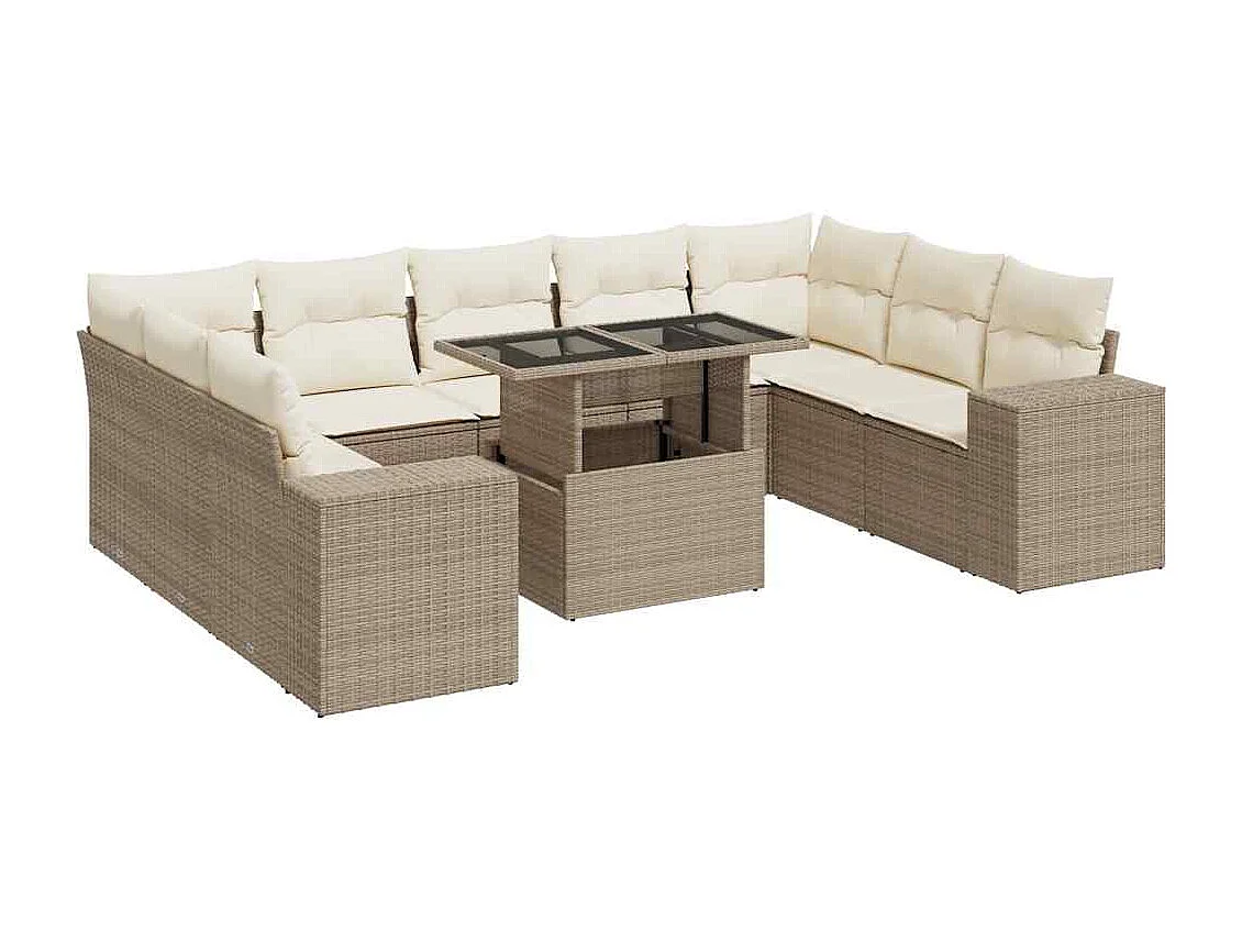 Salon de jardin avec coussins 10 pcs beige résine tressée