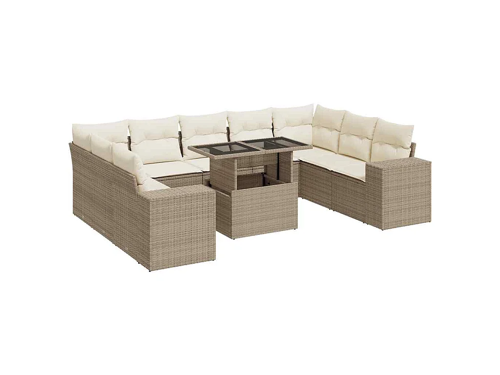 10-delige Loungeset met kussens poly rattan beige