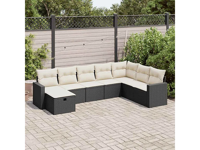 Salon de jardin 8 pcs avec coussins noir résine tressée