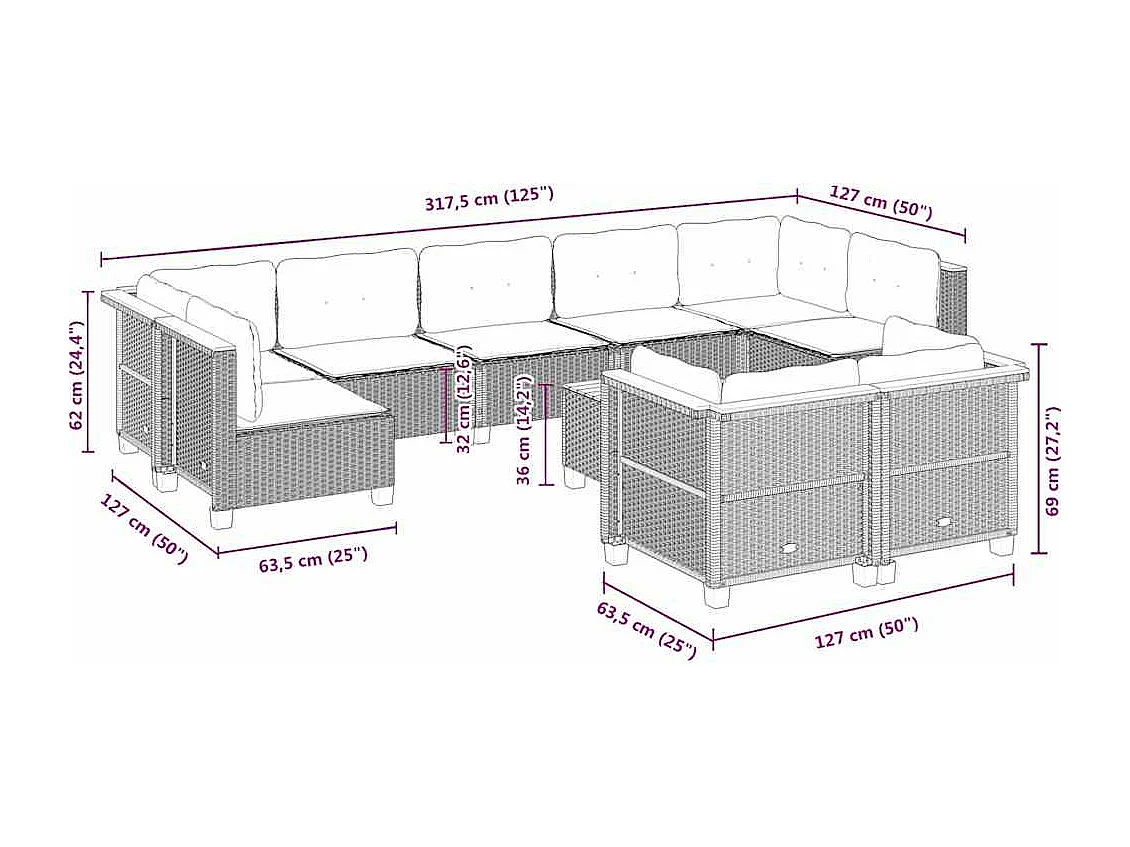 Set Divano da Giardino 10 pz con Cuscini Beige in Polyrattan